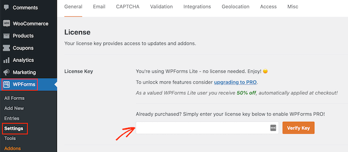 Entering your WPForms license key