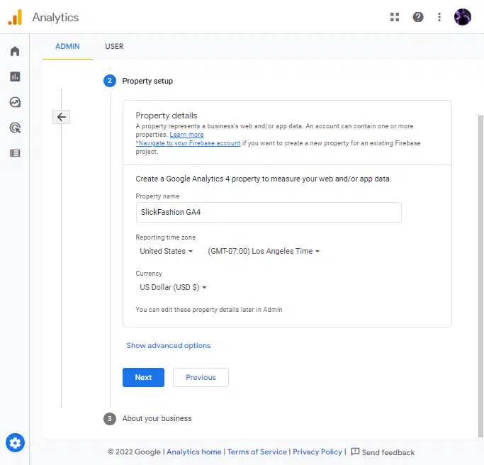 google analytics property details form