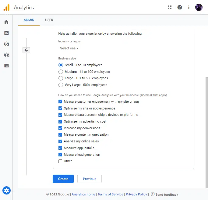 google analytics business size category form