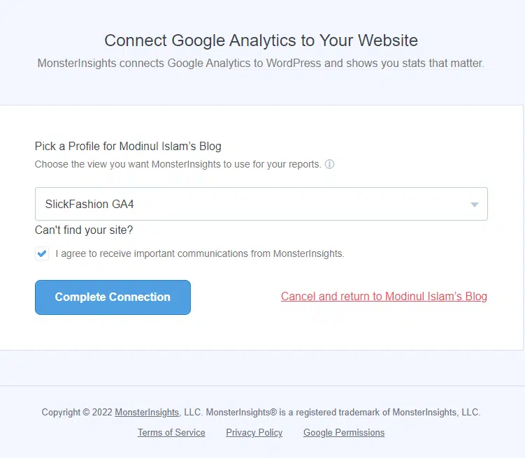 select GA4 property for monsterinsights