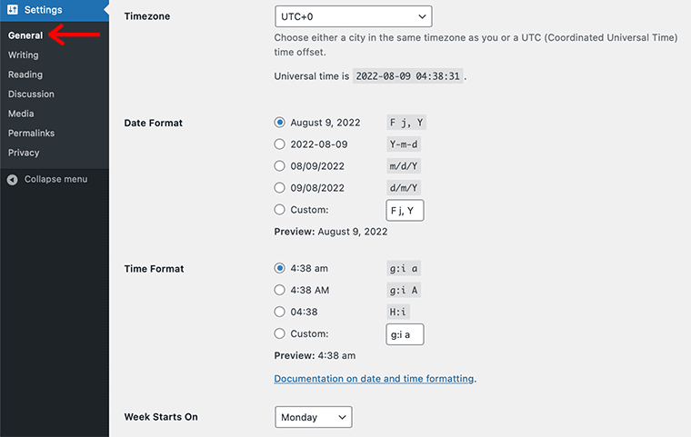 WordPressの一般設定をクリック