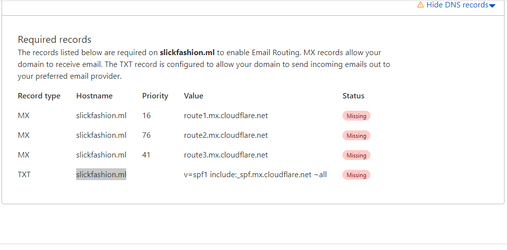 Required records for cloudflare email forwarding