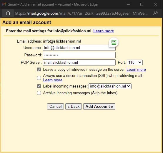 username and password prompt for adding business account