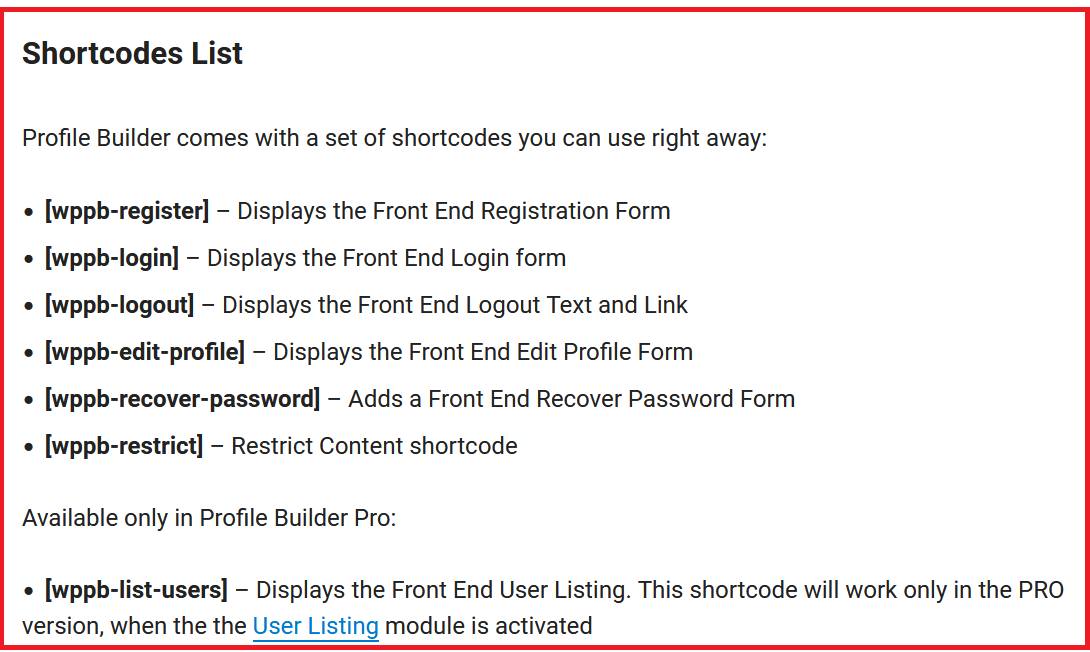 Profile Builder Pro Shortcode-Liste