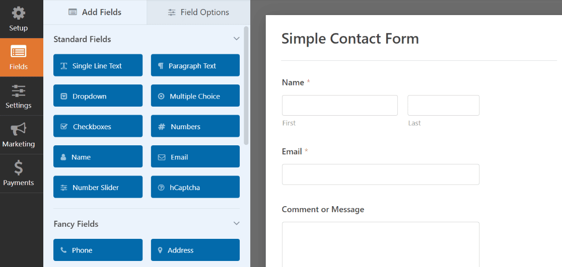 interface de création de wpforms