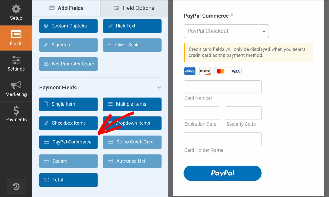 wpforms champ de commerce paypal