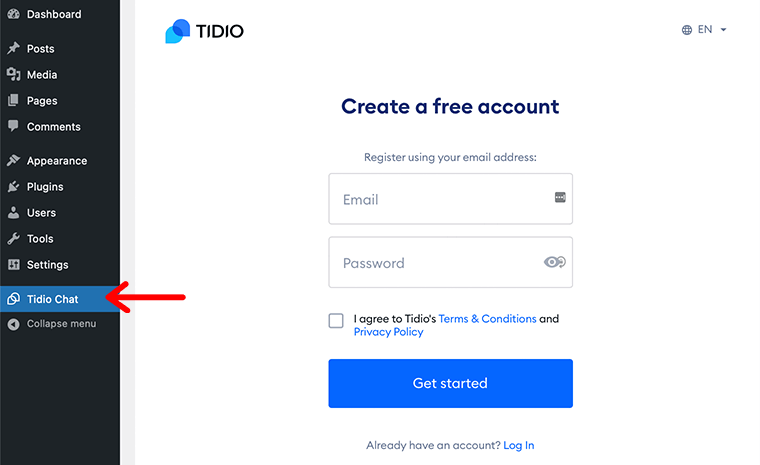 無料の Tidio アカウントを作成する