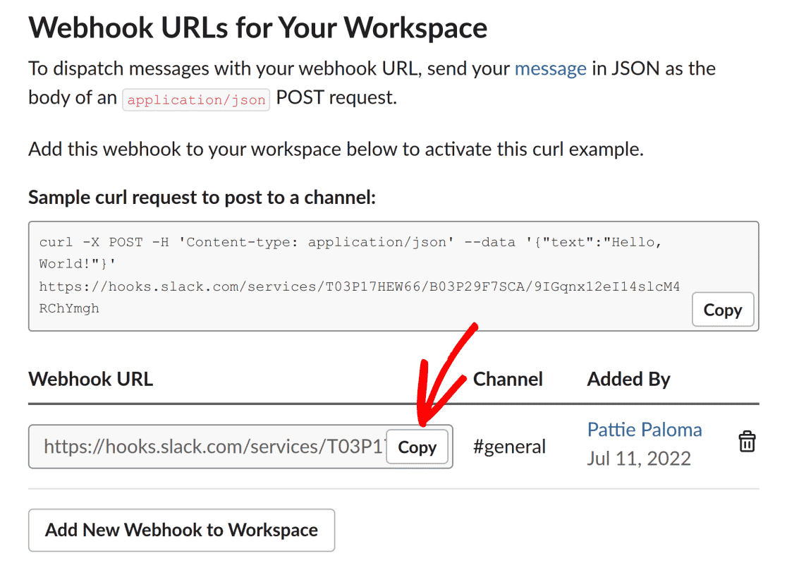 Copiar la URL del webhook de Slack