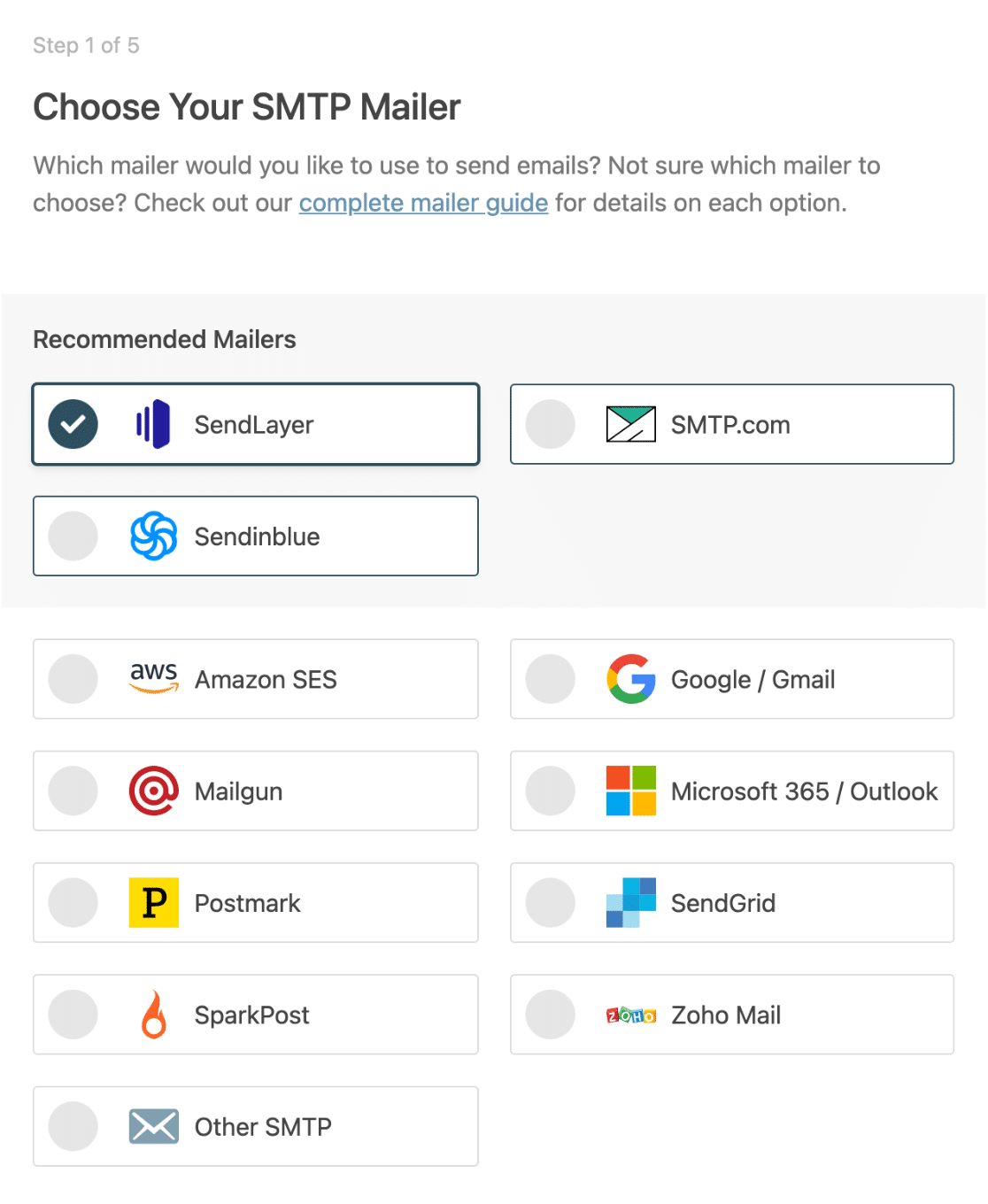 Opciones de correo del asistente de configuración