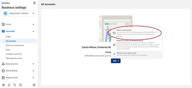 jak korzystać z menedżera biznesowego meta na Facebooku: dodaj konto reklamowe