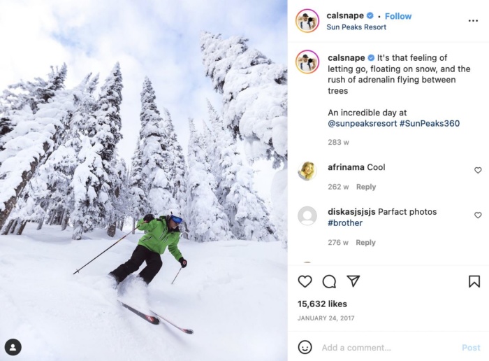 Przykładowy post influencer marketingowy na Instagramie od Callum Snape i Sun Peaks Resort.