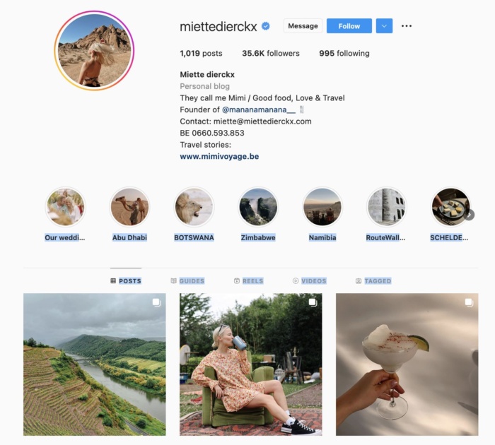 Strona Instagram Influencer Miette Dierckx.