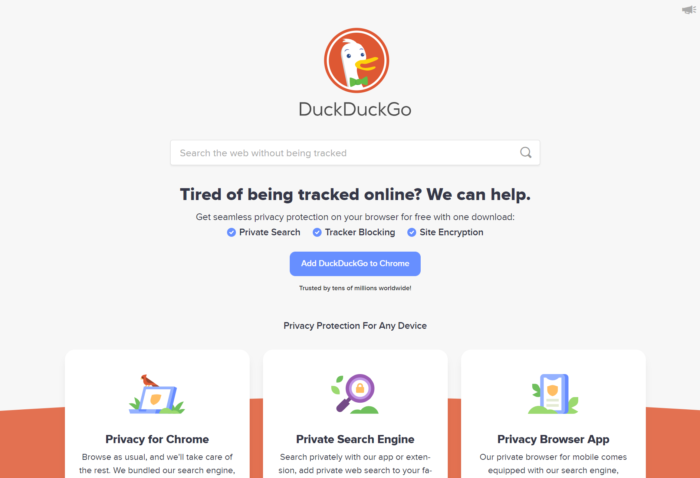 Pagina principală a motorului de căutare DuckDuckGo.