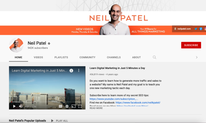 Neil Patel の YouTube アカウントのスクリーンショット。