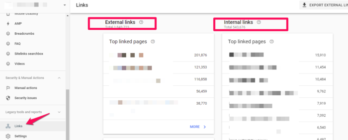 รูปภาพของลิงก์ภายนอกและภายในไปยังไซต์ของคุณในคอนโซลการค้นหาของ Google