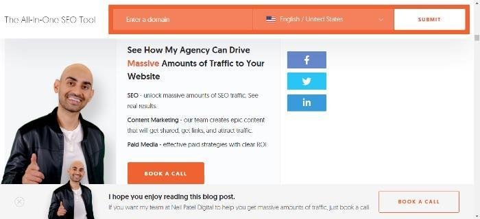 Neil Patel'in web sitesi sayfasının bir görüntüsü.