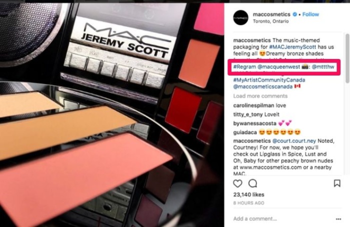 Пост в Instagram от Mac Cosmetics, показывающий палетку для макияжа.