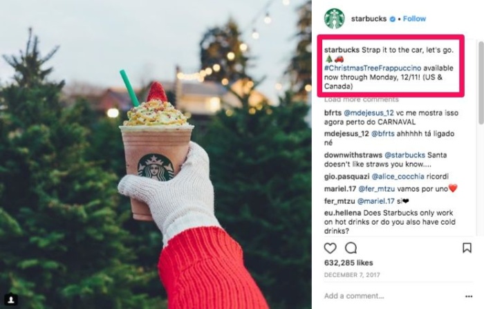 Пост в Instagram Starbucks о рождественском кофе.