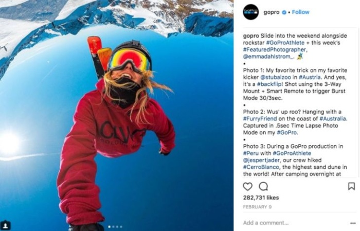 Пост в Instagram от Go Pro лыжника.