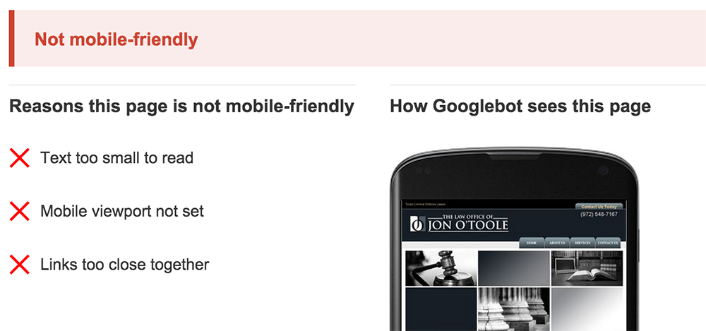 Google'ın aracından bir sitenin mobil uyumlu olmadığını gösteren bir sonuç.
