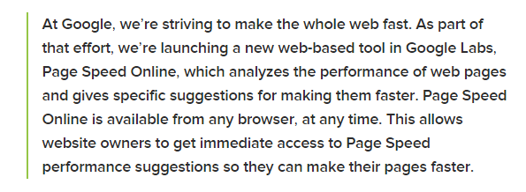 Google'dan, Google Page Speed ​​Online'ın piyasaya çıkışını açıklayan bir alıntı.