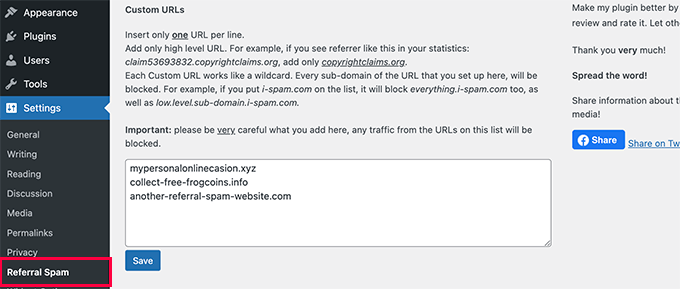 Block referrer spam plugin settings