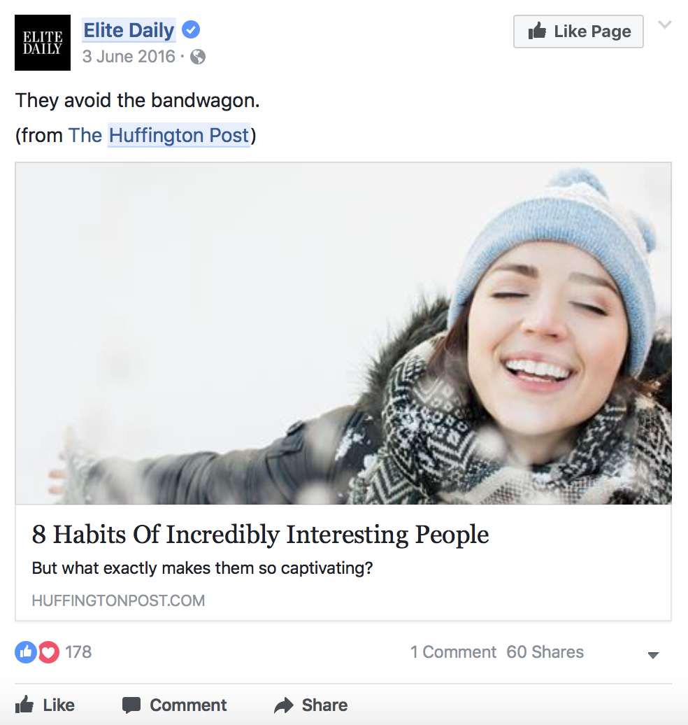 Elite Daily Facebook 페이지에 공유된 Huffington Post 블로그 게시물.