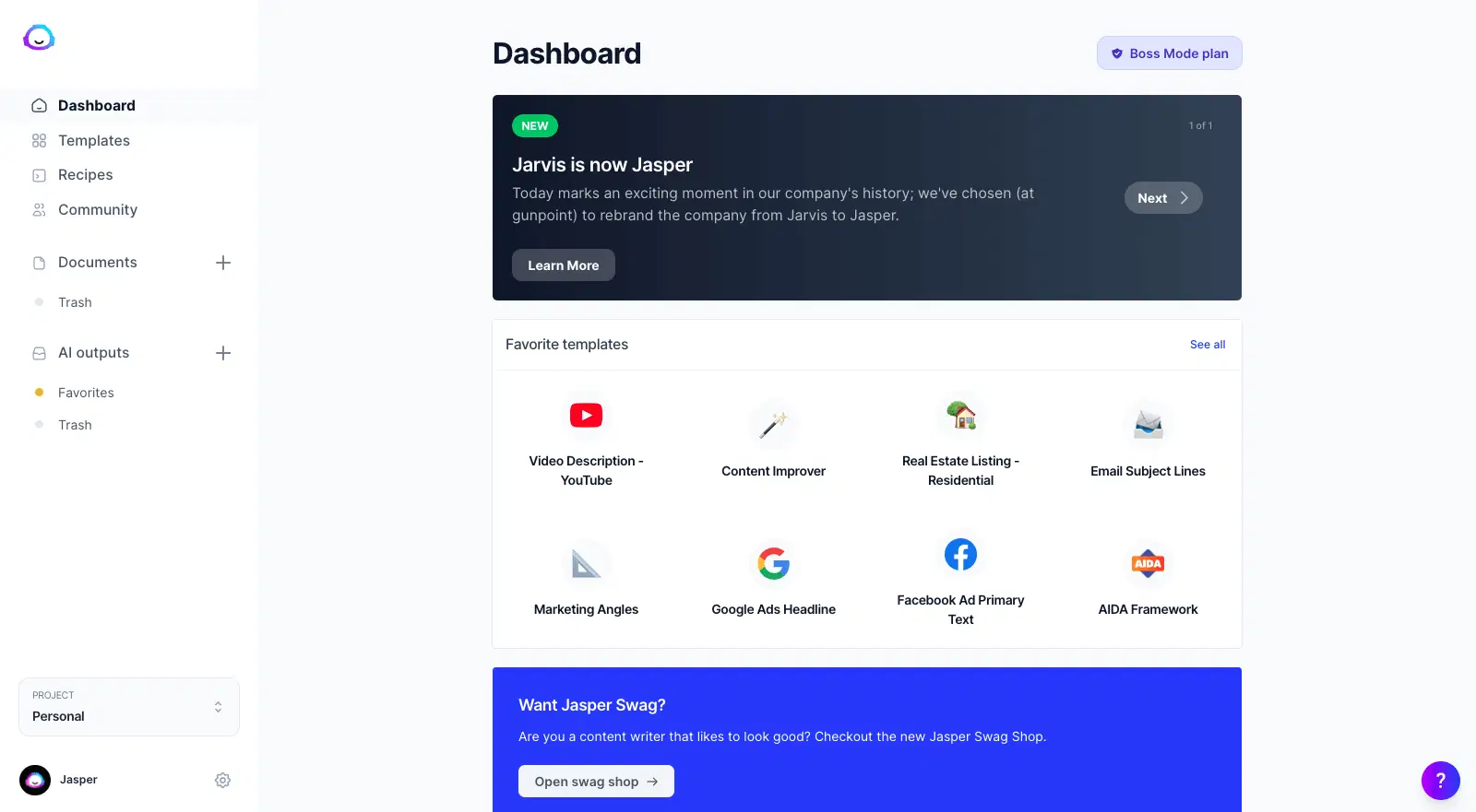 Jasper.ai dashboard