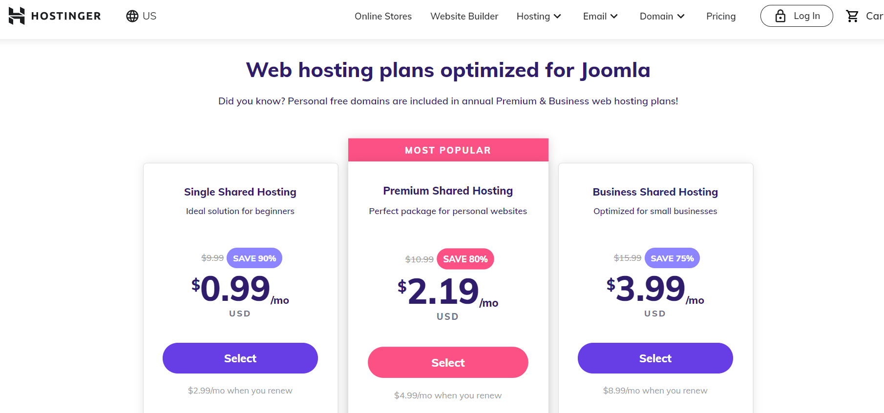 Hostinger joomla plans