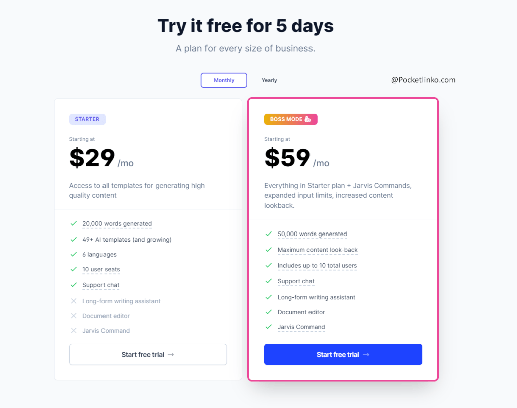 Jarvis.ai Pricing Plan 