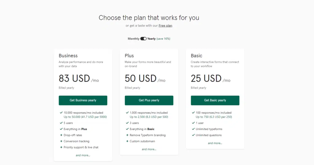 TypeForm Pricing