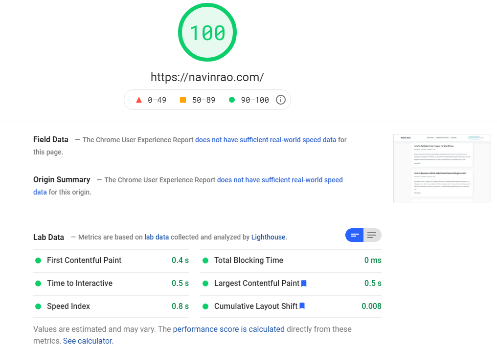 Punteggio degli approfondimenti sulla velocità della pagina di Google