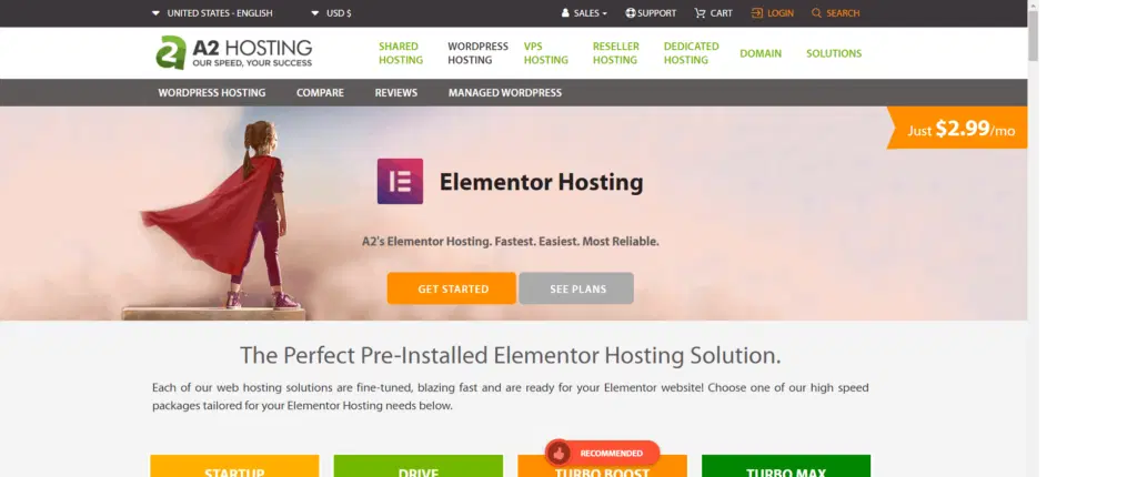 Elementor web hosting plan a2 hosting 