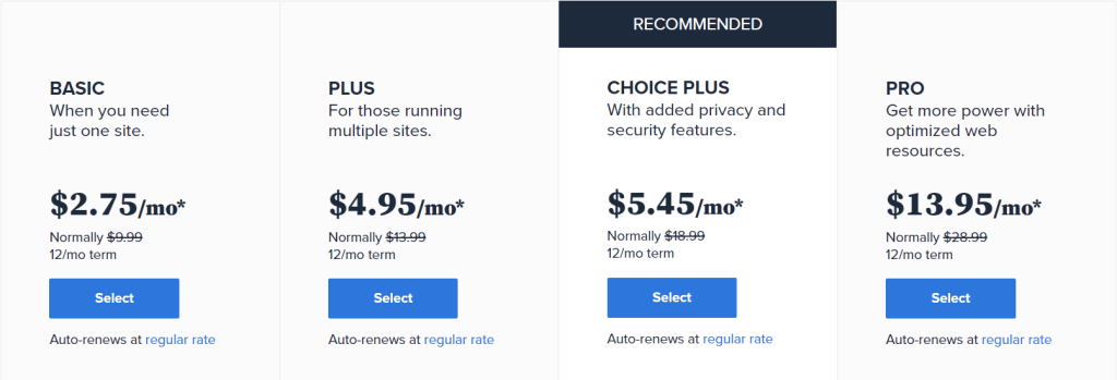 Bluehost web hosting pricing