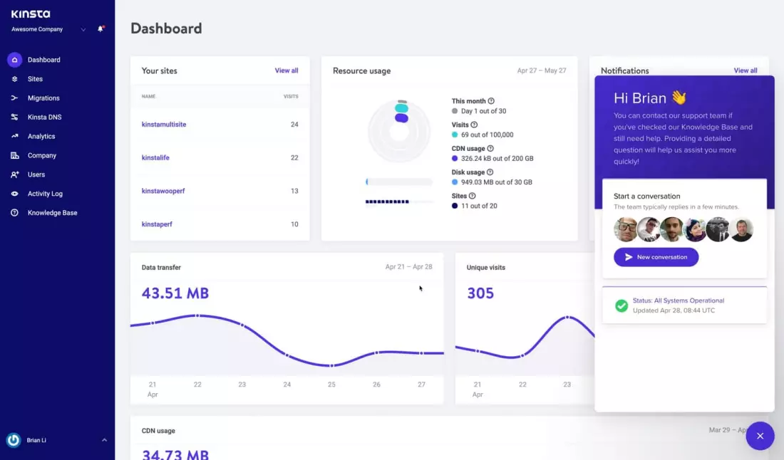 kinsta hosting dashboard