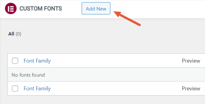 Haga clic en el botón 'Agregar nuevo' en la función de fuentes personalizadas de Elementor en su Panel de administración de WP.