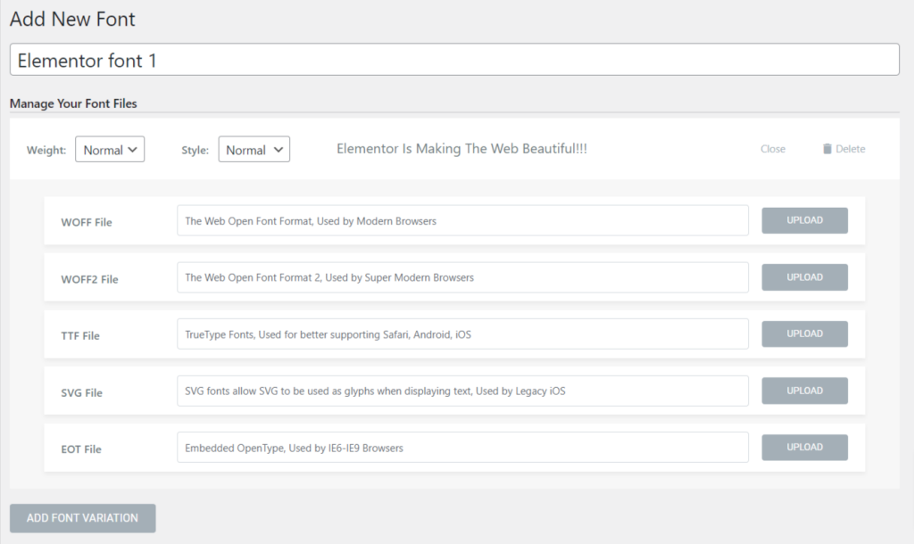 จัดการและปรับแต่งน้ำหนักของฟอนต์ สไตล์ และรูปแบบการอัพโหลดฟอนต์ของคุณโดยใช้คุณสมบัติ Elementor Custom Font