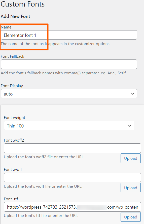 為您添加到 WordPress 網站的自定義字體命名，並上傳字體文件。