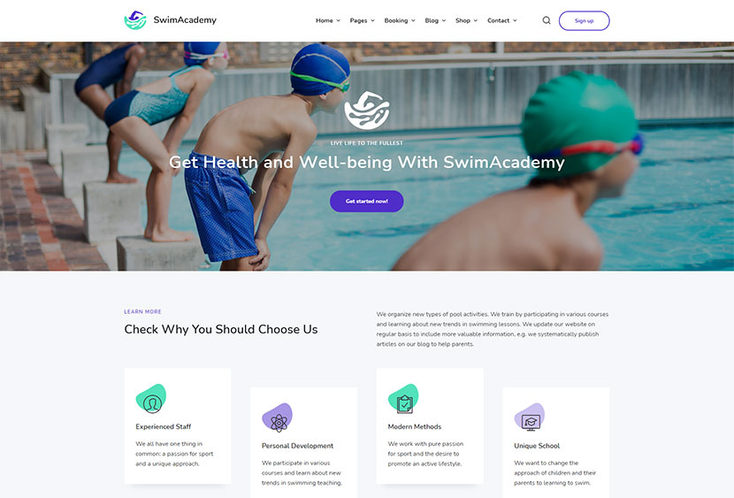 SwimAcademy — тема WordPress для школ плавания и бронирования курсов